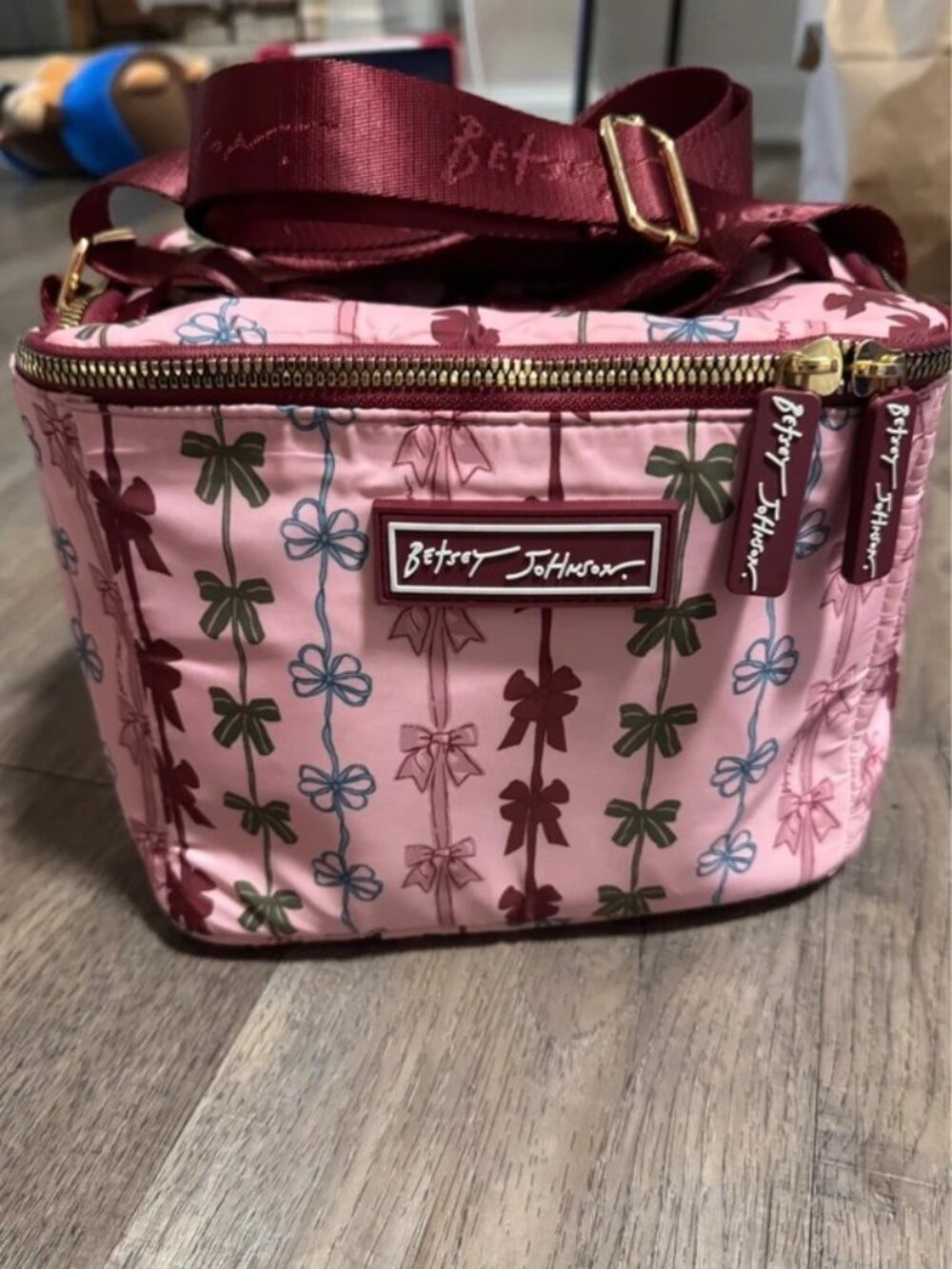 Betsey Johnson Pink Bow Print Crossbody Bag with Burgundy Trim